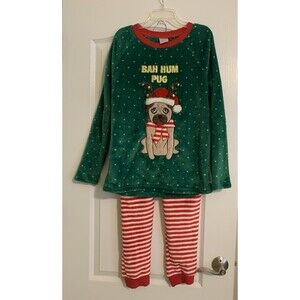 Secret Treasures Womens Pajamas Green Top Red White Bottom Size M Bah Hum Pug